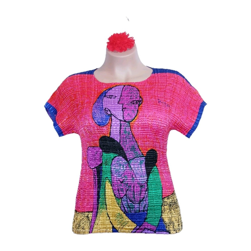 VTG Valentina Picasso Women Crinkle Top One Size Pink Popcorn Cubist Graphic Art